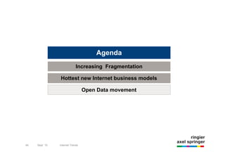 Agenda
                             Increasing Fragmentation

                Hottest new Internet business models

                                  Open Data movement




44   Sept `10   Internet Trends
 
