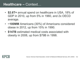 Healthcare – Context…
• $2.6T+ annual spend on healthcare in USA, 18% of
GDP in 2010, up from 5% in 1960, and 2x OECD
aver...