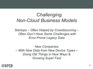 76
Challenging
Non-Cloud Business Models
Startups – Often Helped by Crowdsourcing –
Often Don’t Have Same Challenges with
...