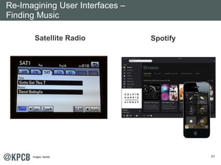 81
Satellite Radio Spotify
Re-Imagining User Interfaces –
Finding Music
Images: Spotify.
 