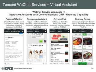 134 
WeChat Service Accounts = 
Interactive Accounts with Communication / CRM / Ordering Capability 
Personal Banker Shopping Assistant Private Chef Grocery Getter 
China Merchant Bank allows 
customers to check & repay 
balances and ask live 
questions via WeChat 
Hahajing (a chain deli 
restaurant) allows 
customers to order & deliver 
food via WeChat 
Mogujie / Meilishuo (fashion 
discovery & shopping sites) give 
customers tailored suggestions 
via WeChat 
Xiaonongnv (a grocery delivery 
startup) prepares fresh groceries 
& delivers to your address via 
WeChat 
Tencent WeChat Services = Virtual Assistant 
Source: Liang Wu (Hillhouse Captial). 
 