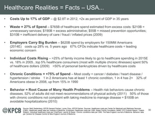 30 
Healthcare Realities = Facts – USA... 
• Costs Up to 17% of GDP – @ $2.8T in 2012, +2x as percent of GDP in 35 years 
• Waste = 27% of Spend – $765B of healthcare spend estimated from excess costs: $210B = 
unnecessary services; $190B = excess administrative; $55B = missed prevention opportunities; 
$310B = inefficient delivery of care / fraud / inflated prices (2009) 
• Employers Carry Big Burden – $620B spend by employers for 150MM Americans 
(2014E) costs up 28% vs. 5 years ago 67% CFOs indicate healthcare costs = leading 
economic concern 
• Individual Costs Rising – >25% of family income likely to go to healthcare spending in 2015E 
vs. 18% in 2005...top 5% healthcare consumers (most with multiple chronic illnesses) spent 50% 
of healthcare dollars (2009) >50% of personal bankruptcies driven by healthcare costs 
• Chronic Conditions = +75% of Spend – Most costly = cancer / diabetes / heart disease / 
hypertension / stroke 1 in 2 Americans has at least 1 chronic condition, 1 in 4 has 2+ 32% of 
Americans obese in 2008, up from 15% in 1990 
• Behavior = Root Cause of Many Health Problems – Health risk behaviors cause chronic 
diseases. 52% of adults did not meet recommendations of physical activity (2011) 50% of those 
with chronic conditions not complaint with taking medicine to manage disease = $100B on 
avoidable hospitalizations (2010) 
Source: Beth Seidenberg, KPCB General Partner; Lynne Chou, KPCB Partner. Sources: Healthcare costs per Center for Medicaid and Medicare Services 
(CMS). Healthcare waste data per Institute of Medicine. Employers’ healthcare costs per CMS, Kaiser Family Foundation, BAML CFO Outlook Report, Towers 
Watson. Individual healthcare costs per ChartPack, Leerink & Kaiser. Chronic conditions data per CMS, The New England Journal of Medicine. Behavior data 
per Centers for Disease Control & New England Journal of Medicine. 
 