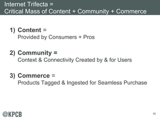 55 
Internet Trifecta = 
Critical Mass of Content + Community + Commerce 
1) Content = 
Provided by Consumers + Pros 
2) Community = 
Context & Connectivity Created by & for Users 
3) Commerce = 
Products Tagged & Ingested for Seamless Purchase 
 