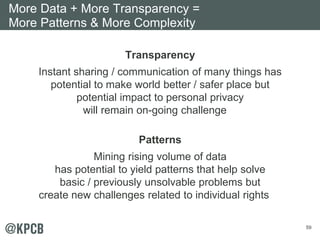 59 
More Data + More Transparency = 
More Patterns & More Complexity 
Transparency 
Instant sharing / communication of many things has 
potential to make world better / safer place but 
potential impact to personal privacy 
will remain on-going challenge 
Patterns 
Mining rising volume of data 
has potential to yield patterns that help solve 
basic / previously unsolvable problems but 
create new challenges related to individual rights 
 