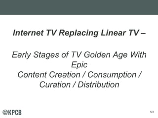 123
Internet TV Replacing Linear TV –
Early Stages of TV Golden Age With
Epic
Content Creation / Consumption /
Curation / ...