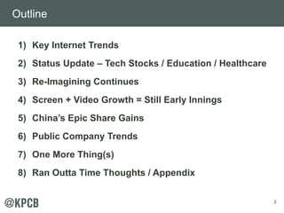 2
Outline
1) Key Internet Trends
2) Status Update – Tech Stocks / Education / Healthcare
3) Re-Imagining Continues
4) Screen + Video Growth = Still Early Innings
5) China’s Epic Share Gains
6) Public Company Trends
7) One More Thing(s)
8) Ran Outta Time Thoughts / Appendix
 