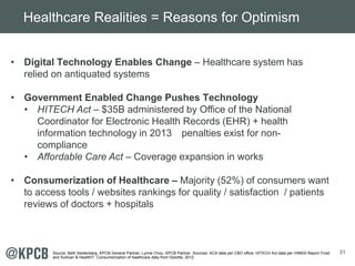 31
• Digital Technology Enables Change – Healthcare system has
relied on antiquated systems
• Government Enabled Change Pu...