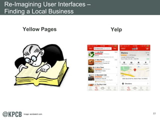 77
Yellow Pages Yelp
Re-Imagining User Interfaces –
Finding a Local Business
Image: wordwatch.com.
 