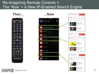 101 
Re-Imagining Remote Controls = 
The ‘Now’ = A New IP-Enabled Search Engine 
Then... ...Now 
Images: eBay, YouTube. 
 
