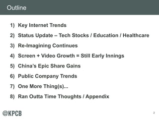 2 
Outline 
1) Key Internet Trends 
2) Status Update – Tech Stocks / Education / Healthcare 
3) Re-Imagining Continues 
4) Screen + Video Growth = Still Early Innings 
5) China’s Epic Share Gains 
6) Public Company Trends 
7) One More Thing(s)... 
8) Ran Outta Time Thoughts / Appendix 
 
