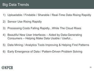 Big Data Trends 
1) Uploadable / Findable / Sharable / Real-Time Data Rising Rapidly 
2) Sensor Use Rising Rapidly 
3) Processing Costs Falling Rapidly...While The Cloud Rises 
4) Beautiful New User Interfaces – Aided by Data-Generating 
60 
Consumers – Helping Make Data Usable / Useful... 
5) Data Mining / Analytics Tools Improving & Helping Find Patterns 
6) Early Emergence of Data / Pattern-Driven Problem Solving 
 