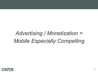 12 
Advertising / Monetization = 
Mobile Especially Compelling 
 