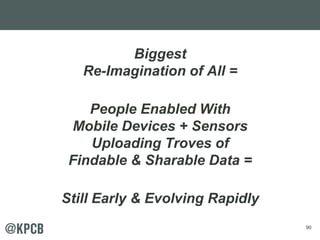 90
Biggest
Re-Imagination of All =
People Enabled With
Mobile Devices + Sensors
Uploading Troves of
Findable & Sharable Da...