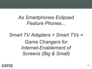 102
As Smartphones Eclipsed
Feature Phones...
Smart TV Adapters + Smart TVs =
Game Changers for
Internet-Enablement of
Screens (Big & Small)
 