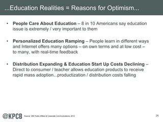 26
• People Care About Education – 8 in 10 Americans say education
issue is extremely / very important to them
• Personalized Education Ramping – People learn in different ways
and Internet offers many options – on own terms and at low cost –
to many, with real-time feedback
• Distribution Expanding & Education Start Up Costs Declining –
Direct to consumer / teacher allows education products to receive
rapid mass adoption...productization / distribution costs falling
...Education Realities = Reasons for Optimism...
Source: GfK Public Affairs & Corporate Communications, 2012
 