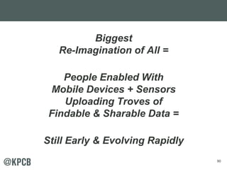 90
Biggest
Re-Imagination of All =
People Enabled With
Mobile Devices + Sensors
Uploading Troves of
Findable & Sharable Data =
Still Early & Evolving Rapidly
 