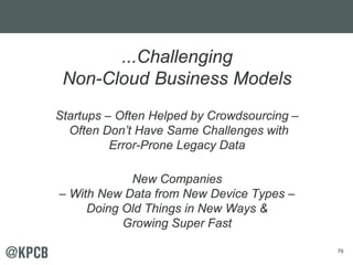 76
...Challenging
Non-Cloud Business Models
Startups – Often Helped by Crowdsourcing –
Often Don’t Have Same Challenges wi...