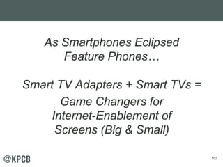 102
As Smartphones Eclipsed
Feature Phones…
Smart TV Adapters + Smart TVs =
Game Changers for
Internet-Enablement of
Scree...