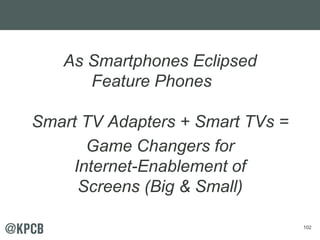 102
As Smartphones Eclipsed
Feature Phones
Smart TV Adapters + Smart TVs =
Game Changers for
Internet-Enablement of
Screen...