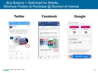 21
...Buy Buttons = Optimized for Mobile...
Minimize Friction to Purchase @ Moment of Interest
Images: Twitter, Facebook, Google.
Twitter Facebook Google
 