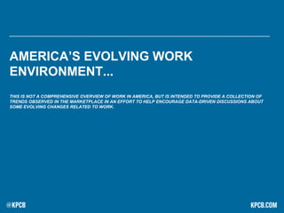 AMERICA’S EVOLVING WORK
ENVIRONMENT...
THIS IS NOT A COMPREHENSIVE OVERVIEW OF WORK IN AMERICA, BUT IS INTENDED TO PROVIDE A COLLECTION OF
TRENDS OBSERVED IN THE MARKETPLACE IN AN EFFORT TO HELP ENCOURAGE DATA-DRIVEN DISCUSSIONS ABOUT
SOME EVOLVING CHANGES RELATED TO WORK.
 
