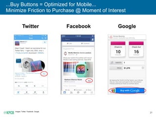 21
...Buy Buttons = Optimized for Mobile...
Minimize Friction to Purchase @ Moment of Interest
Images: Twitter, Facebook, ...