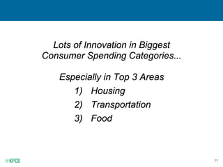 77
Lots of Innovation in Biggest
Consumer Spending Categories...
Especially in Top 3 Areas
1) Housing
2) Transportation
3)...