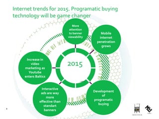 Internet trends for 2015. Programatic buying 
technology will be game changer 
Mobile 
internet 
penetration 
grows 
Increase in 
video 
marketing as 
Youtube 
enters Baltics 
Interactive 
ads are way 
more 
effective than 
standart 
banners 
Development 
of 
programatic 
buying 
More 
attention 
to banner 
viewability 
2015 
2 
 