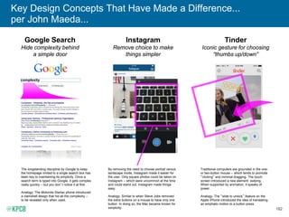 182
complexity
Key Design Concepts That Have Made a Difference...
per John Maeda...
Google Search
Hide complexity behind
a simple door
Instagram
Remove choice to make
things simpler
Tinder
Iconic gesture for choosing
“thumbs up/down”
The longstanding discipline by Google to keep
the homepage limited to a single search box has
been key to maintaining its simplicity. Once a
search term is typed into Google, it gets complex
really quickly -- but you don’t notice it at first.
Analogy: The Motorola Startac phone introduced
a clamshell design that hid all the complexity --
to be revealed only when used.
By removing the need to choose portrait versus
landscape mode, Instagram made it easier for
the user. Only square photos could be taken on
Instagram -- which were uncommon at the time
and could stand out. Instagram made things
easy.
Analogy: Similar to when Steve Jobs removed
the extra buttons on a mouse to have only one
button. In doing so, the Mac became known for
simplicity.
Traditional computers are grounded in the one-
or two-button mouse -- which tends to promote
“clicking” and minimal dragging. The touch
screen introduced a new element: swiping.
When supported by animation, it speaks of
power.
Analogy: The “slide to unlock” feature on the
Apple iPhone introduced the idea of translating
an emphatic motion to a button press.
 