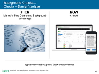 42
Background Checks...
Checkr – Daniel Yanisse
Source: Checkr. Image: National Federation of Independent Business (left), Checkr (right).
THEN
Manual / Time Consuming Background
Screenings
NOW
Checkr
Typically reduces background check turnaround times
 