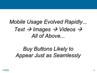 26
Mobile Usage Evolved Rapidly...
Text  Images  Videos 
All of Above...
Buy Buttons Likely to
Appear Just as Seamlessly
 