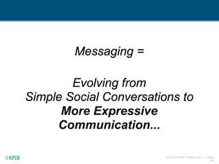 KPCB INTERNET TRENDS 2016 | PAGE
100
Messaging =
Evolving from
Simple Social Conversations to
More Expressive
Communication...
 