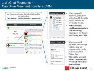 KPCB INTERNET TRENDS 2016 | PAGE
177
...WeChat Payments =
Can Drive Merchant Loyalty & CRM
Source: 86 Research.
Hillhouse Capital
 