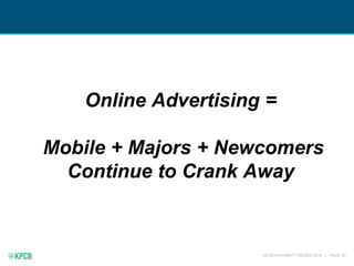 KPCB INTERNET TRENDS 2016 | PAGE 42
Online Advertising =
Mobile + Majors + Newcomers
Continue to Crank Away
 