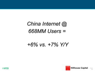 KPCB INTERNET TRENDS 2016 | PAGE
165
Hillhouse Capital
China Internet @
668MM Users =
+6% vs. +7% Y/Y
 