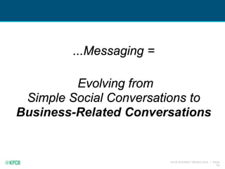 KPCB INTERNET TRENDS 2016 | PAGE
102
...Messaging =
Evolving from
Simple Social Conversations to
Business-Related Conversations
 