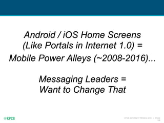 KPCB INTERNET TRENDS 2016 | PAGE
108
Android / iOS Home Screens
(Like Portals in Internet 1.0) =
Mobile Power Alleys (~2008-2016)...
Messaging Leaders =
Want to Change That
 