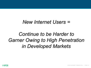 KPCB INTERNET TRENDS 2016 | PAGE 13
New Internet Users =
Continue to be Harder to
Garner Owing to High Penetration
in Developed Markets
 