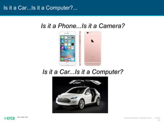 KPCB INTERNET TRENDS 2016 | PAGE
135
Is it a Car...Is it a Computer?...
Source: Apple, Tesla
Is it a Phone...Is it a Camera?
Is it a Car...Is it a Computer?
 