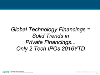 KPCB INTERNET TRENDS 2016 | PAGE
190
Global Technology Financings =
Solid Trends in
Private Financings...
Only 2 Tech IPOs 2016YTD
Source: Morgan Stanley, Thomson Reuters
Note: YTD Tech IPOs include SecureWorks and Acacia Communications.
 