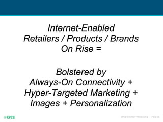 KPCB INTERNET TRENDS 2016 | PAGE 66
Internet-Enabled
Retailers / Products / Brands
On Rise =
Bolstered by
Always-On Connectivity +
Hyper-Targeted Marketing +
Images + Personalization
 