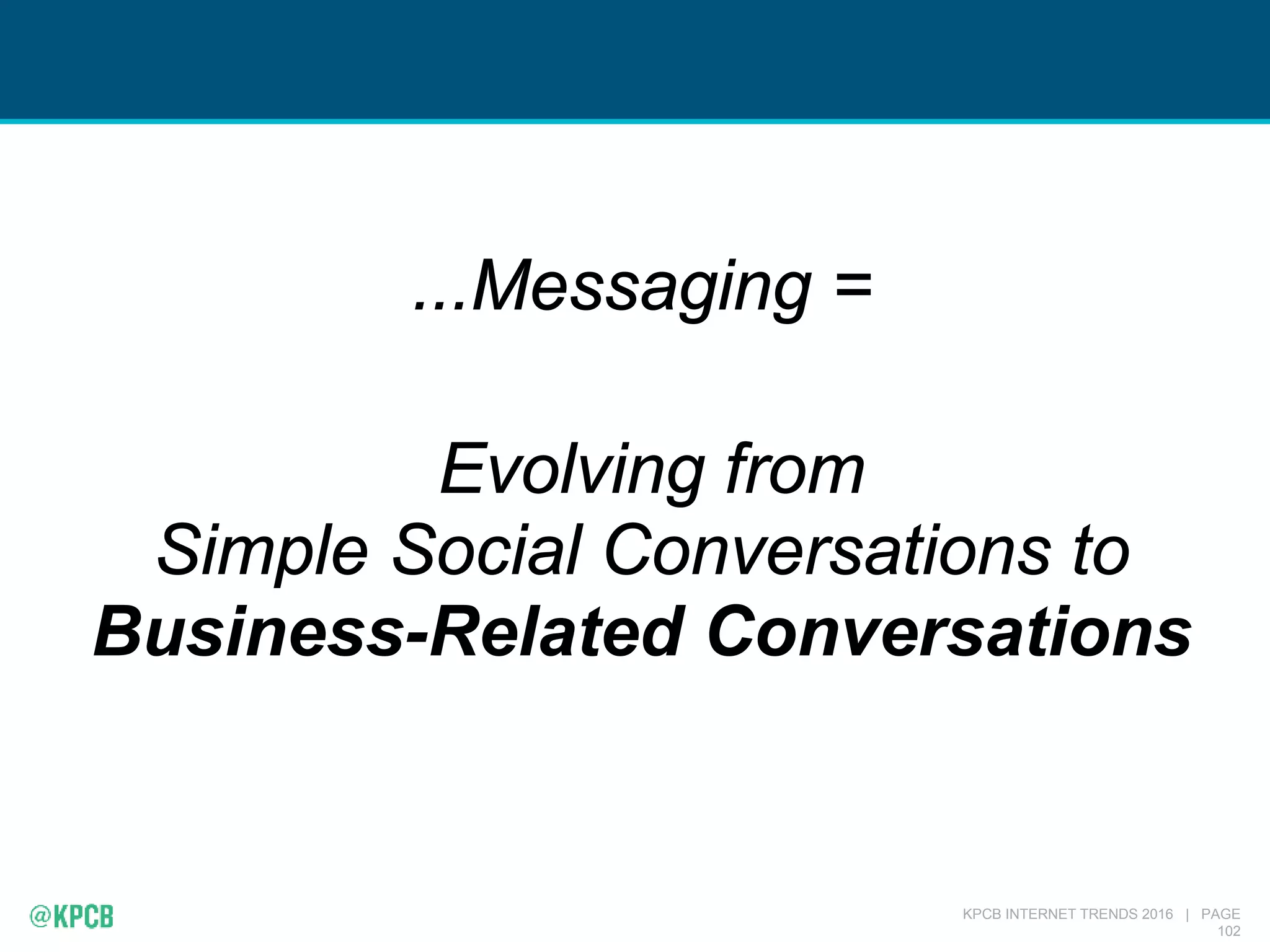 KPCB INTERNET TRENDS 2016 | PAGE
102
...Messaging =
Evolving from
Simple Social Conversations to
Business-Related Conversations
 
