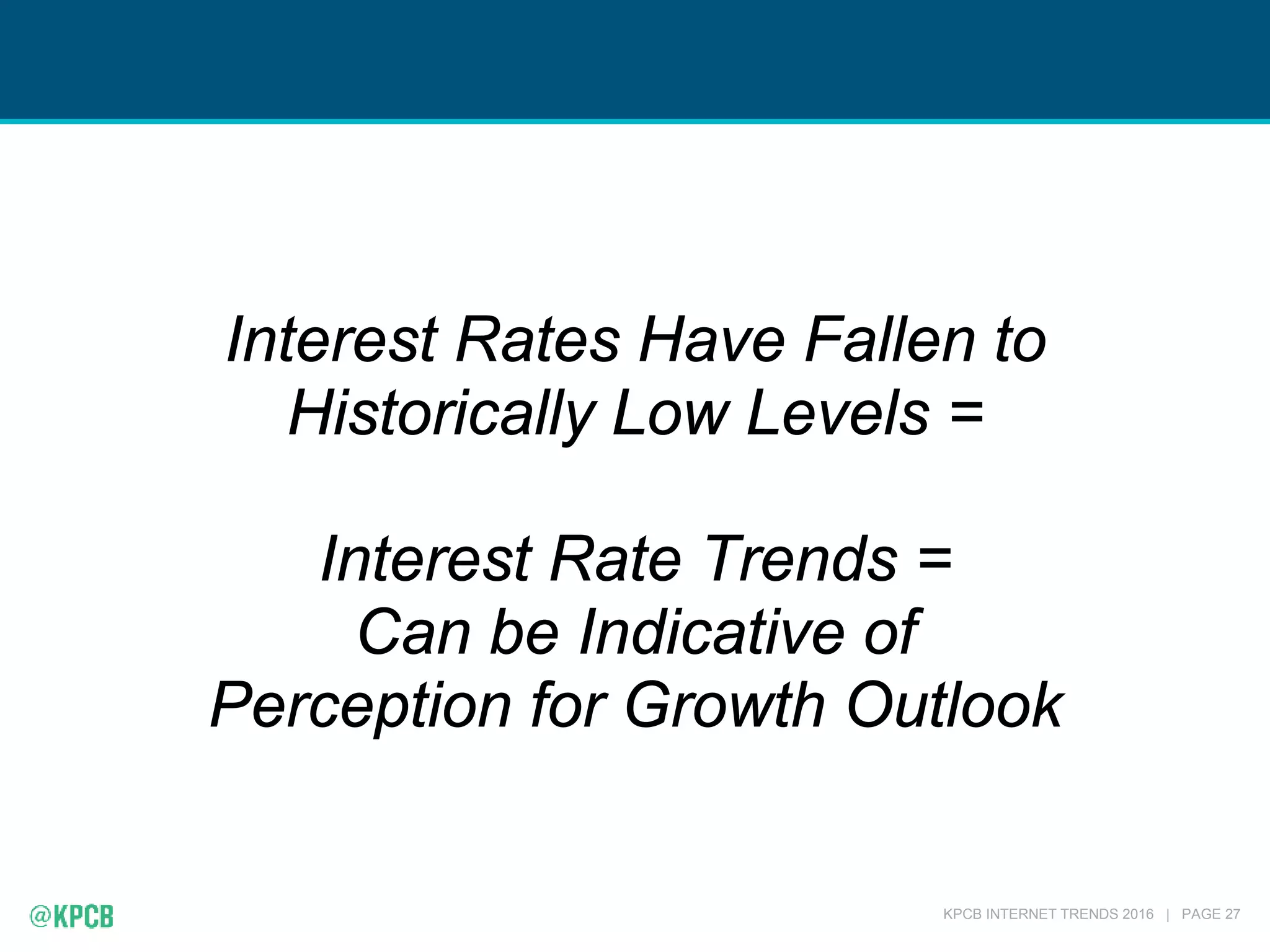 KPCB INTERNET TRENDS 2016 | PAGE 27
Interest Rates Have Fallen to
Historically Low Levels =
Interest Rate Trends =
Can be Indicative of
Perception for Growth Outlook
 