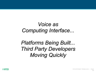 KPCB INTERNET TRENDS 2016 | PAGE
128
Voice as
Computing Interface...
Platforms Being Built...
Third Party Developers
Movin...