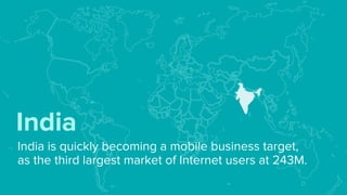 India is quickly becoming a mobile business target,
as the third largest market of Internet users at 243M.
India
 