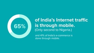 of India’s Internet traﬃc
is through mobile.
(Only second to Nigeria.) 
and 41% of India’s e-commerce is
done through mobile.
65%
 