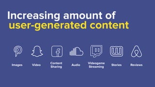Increasing amount of
user-generated content
Images Video
Content
Sharing
Audio
Videogame
Streaming
Stories Reviews
 