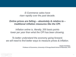 111
E-Commerce sales have
risen rapidly over the past decade.
Online prices are falling – absolutely & relative to –
traditional inflation measures like the CPI.
Inflation online is, literally, 200 basis points
lower per year than what the CPI has been showing.
To better understand the economy going forward,
we will need to find better ways to measure prices & inflation.
- Austan Goolsbee,
Professor of Economics, University of Chicago Booth School of Business, 5/18
 