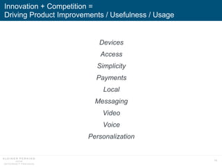 14
Devices
Access
Simplicity
Payments
Local
Messaging
Video
Voice
Personalization
Innovation + Competition =
Driving Product Improvements / Usefulness / Usage
 