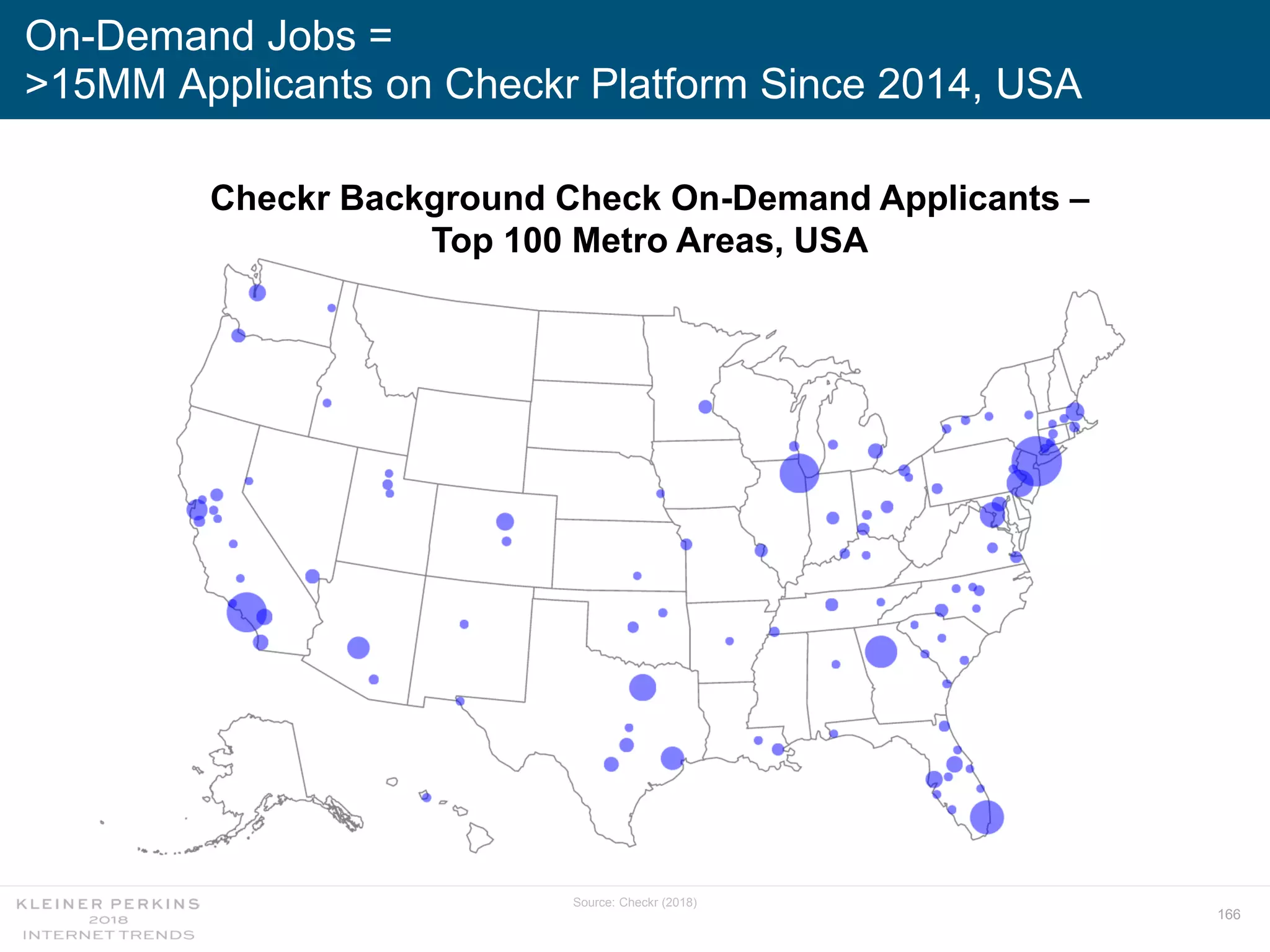 166
On-Demand Jobs =
>15MM Applicants on Checkr Platform Since 2014, USA
Checkr Background Check On-Demand Applicants –
Top 100 Metro Areas, USA
Source: Checkr (2018)
 
